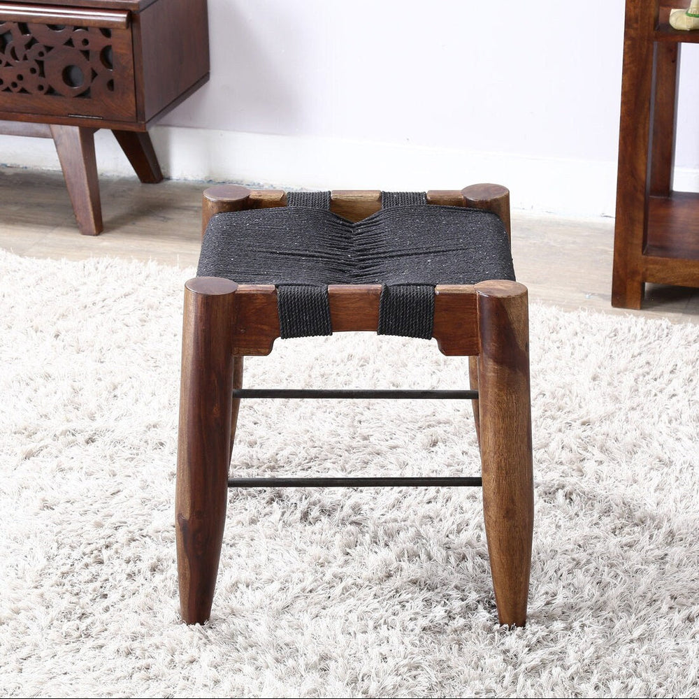 Yonnet Sheesham Wood Seating Stool In Brown & Black Colour