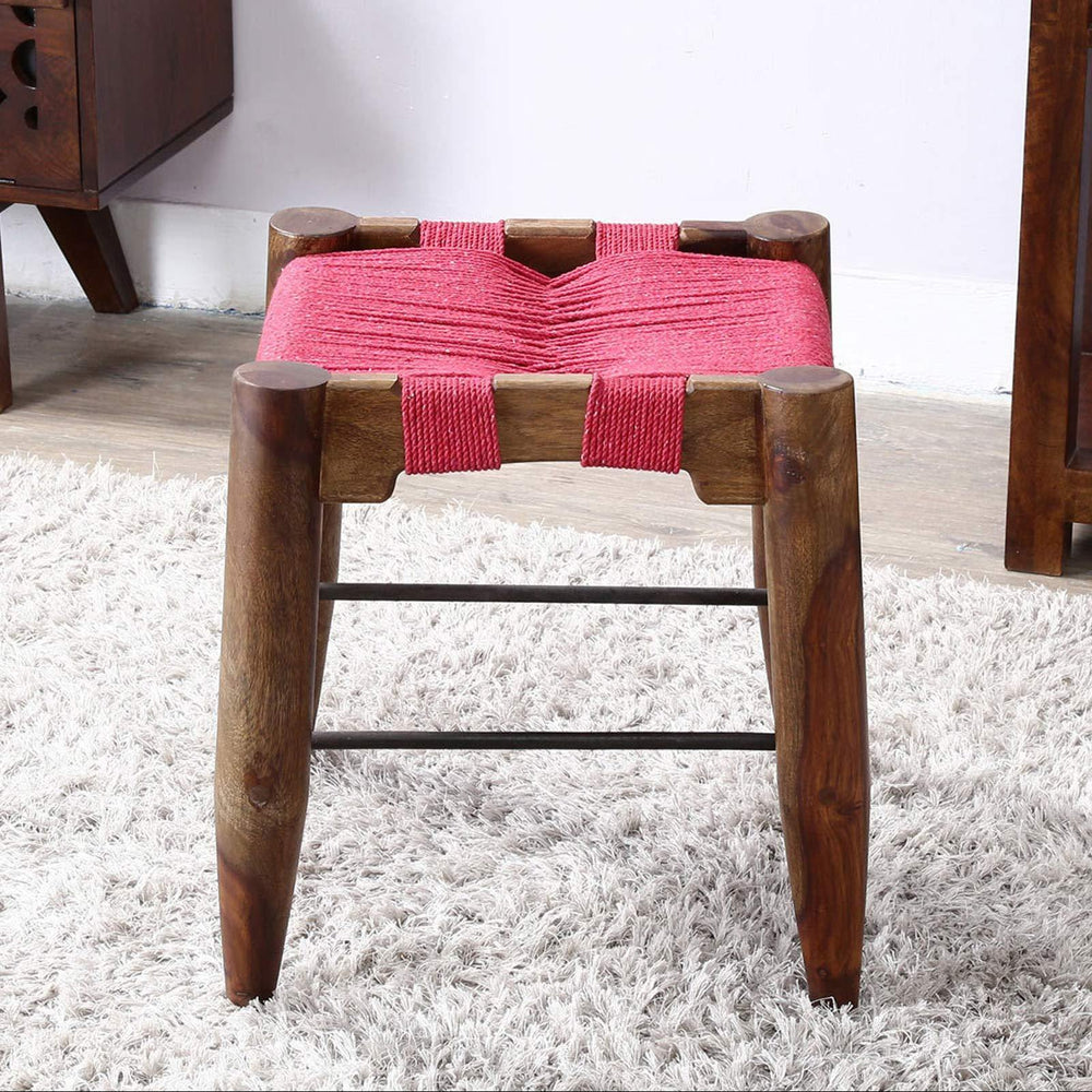 Turre Sheesham Wood Seating Stool In Pink & Brown Colour