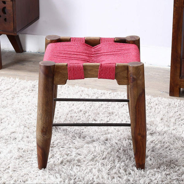 Turre Sheesham Wood Seating Stool In Pink & Brown Colour