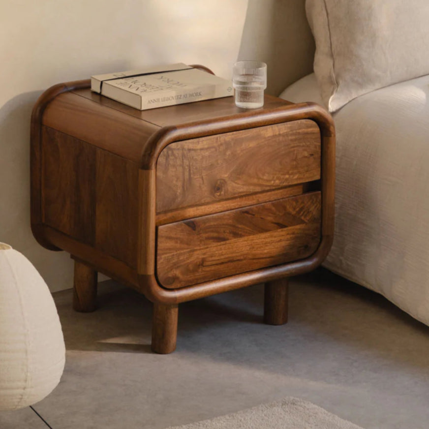 Nara Solid mango wood bedside table with 2 Drawer in Provincial Teak Finish