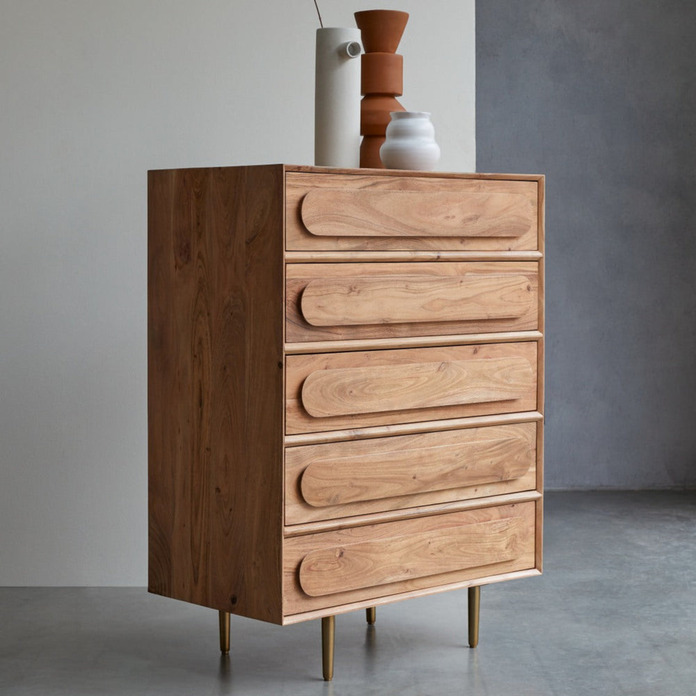 Astrid Solid Acacia Wood Chest of Drawer With 5 Drawer in Natural Finish