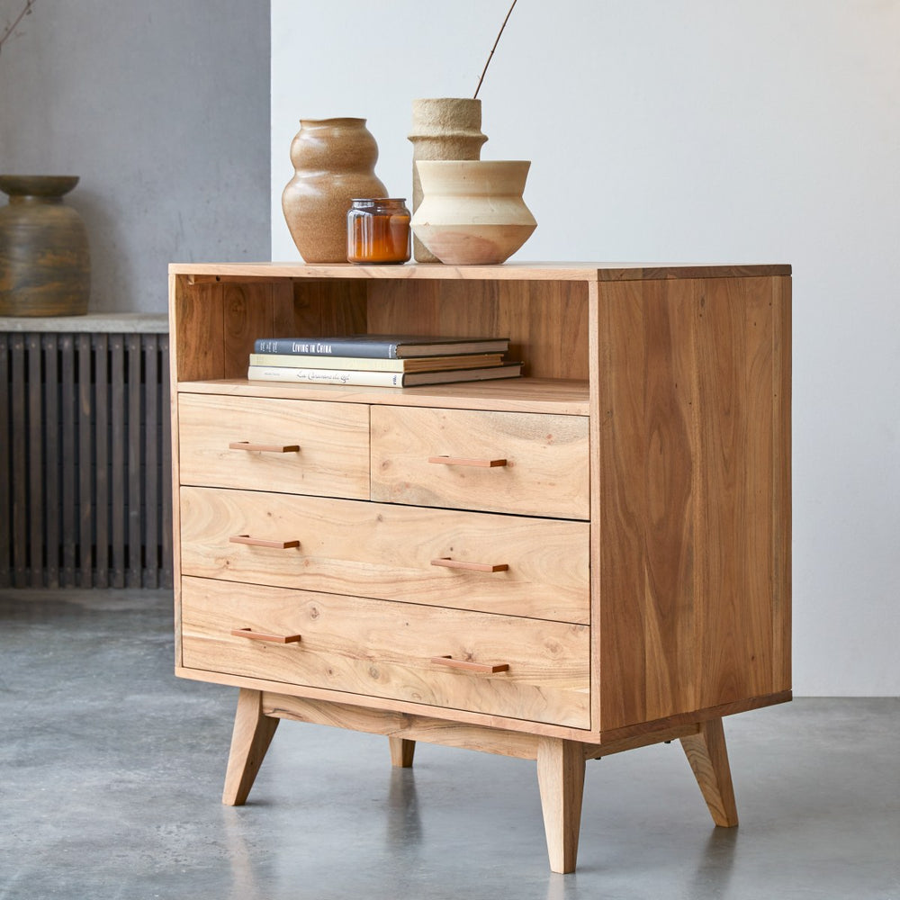 Majesty Solid Acacia Wood Chest of Drawer With 4 Drawer & 1 shelf in Natural Finish