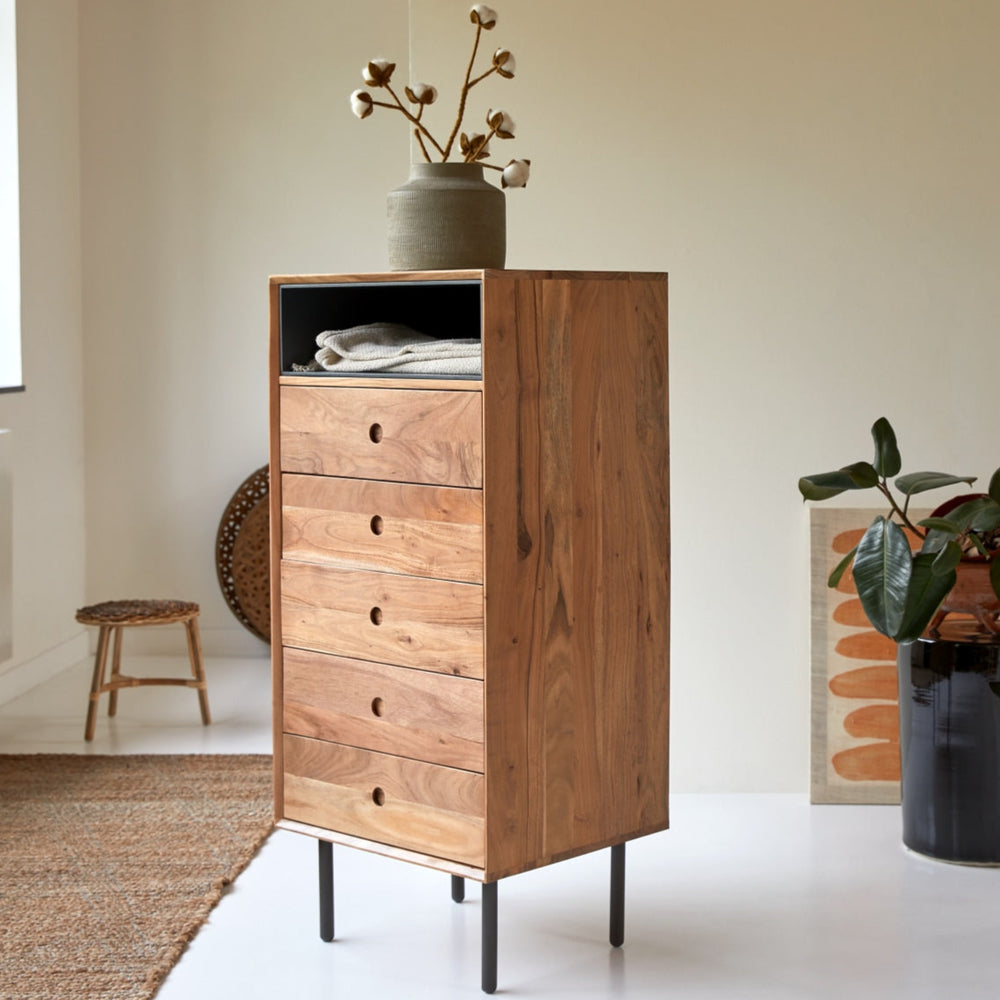 Cleo Solid Acacia Wood Chest of Drawer With 4 Drawer & 1 shelf in Natural Finish