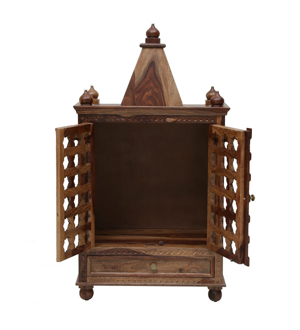 Tiana Sheesham Wood Floor Rested Mandir With Door in Rustic Teak