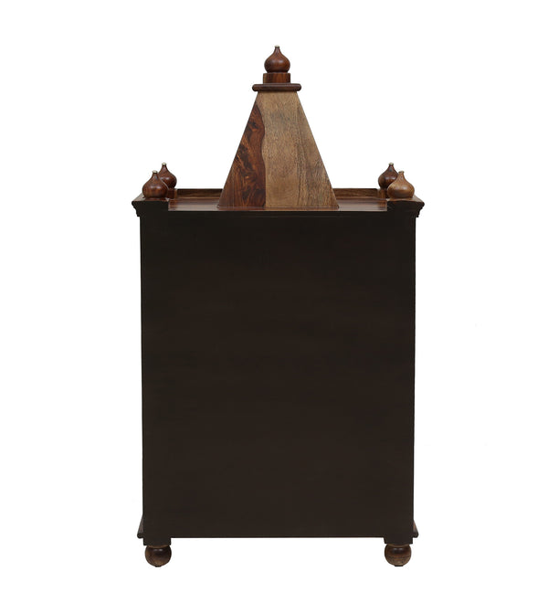Tiana Sheesham Wood Floor Rested Mandir With Door in Rustic Teak