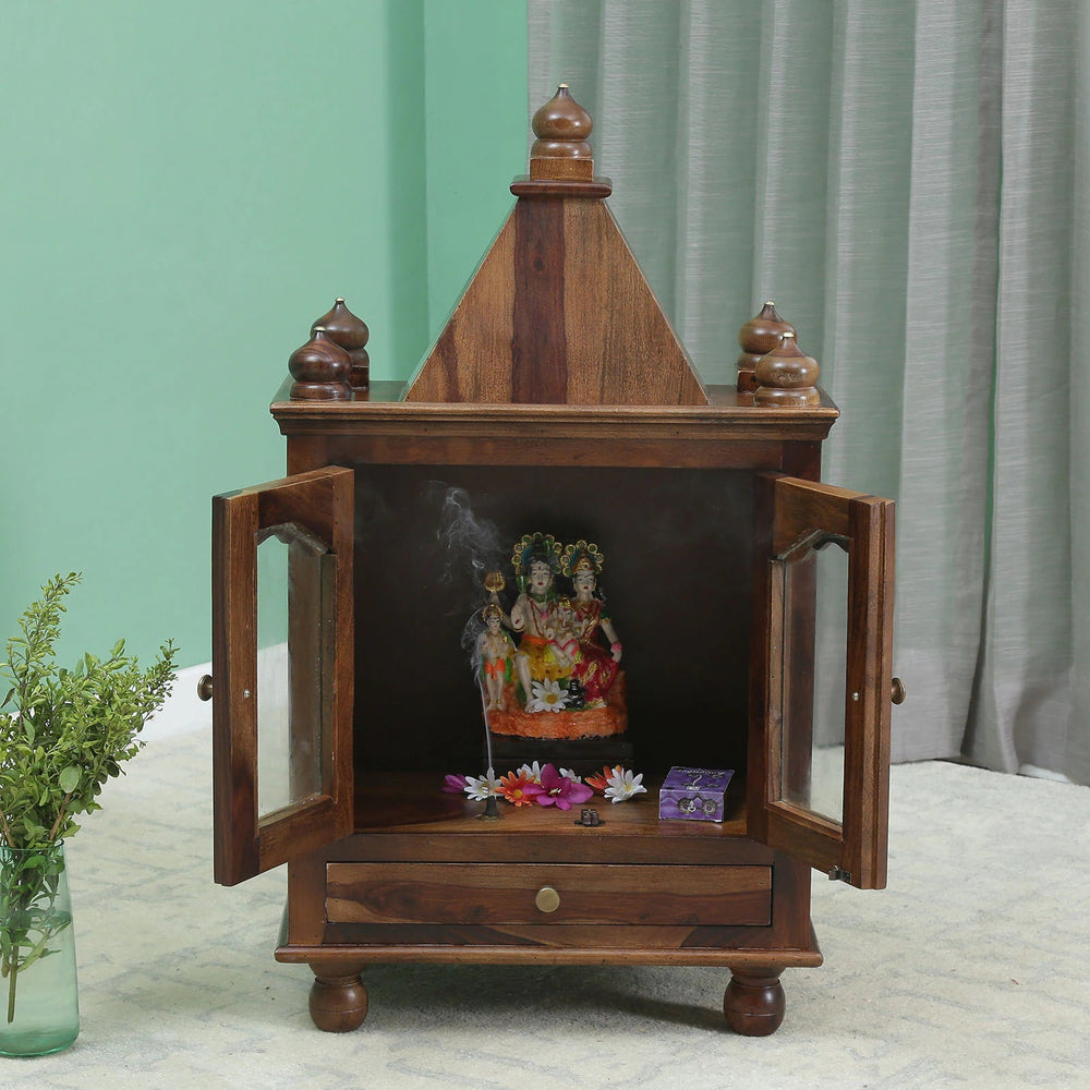 Radhe Sheesham Wood Floor Rested Mandir With Door in Provincial Teak