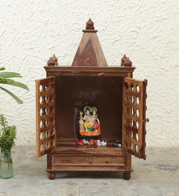 Tiana Sheesham Wood Floor Rested Mandir With Door in Rustic Teak
