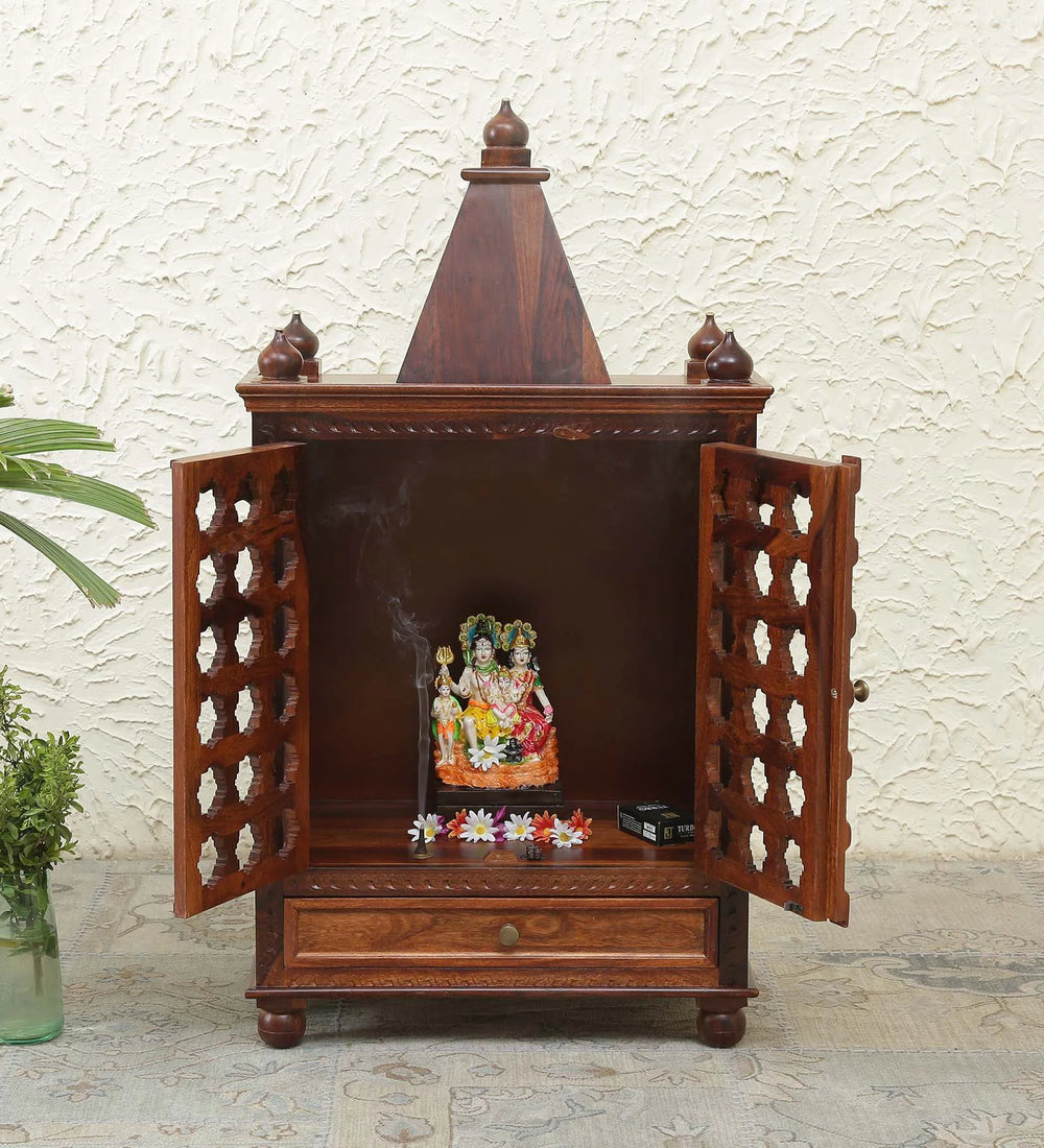 Tiana Sheesham Wood Floor Rested Mandir With Door in honey oak