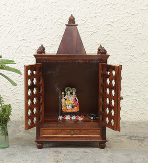 Tiana Sheesham Wood Floor Rested Mandir With Door in honey oak