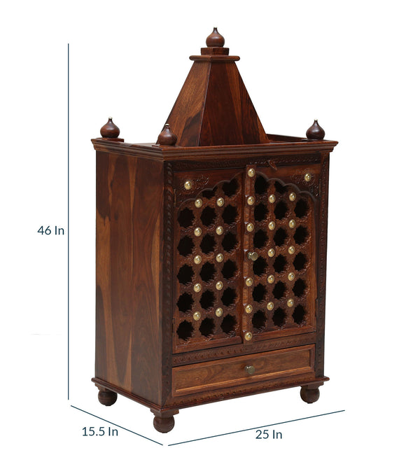 Tiana Sheesham Wood Floor Rested Mandir With Door in honey oak