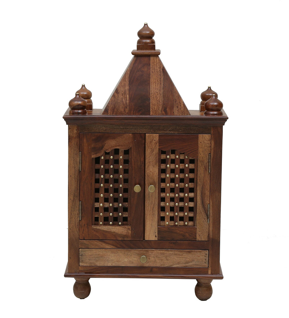 Siya Sheesham Wood Floor Rested Mandir With Door Rustic Teak