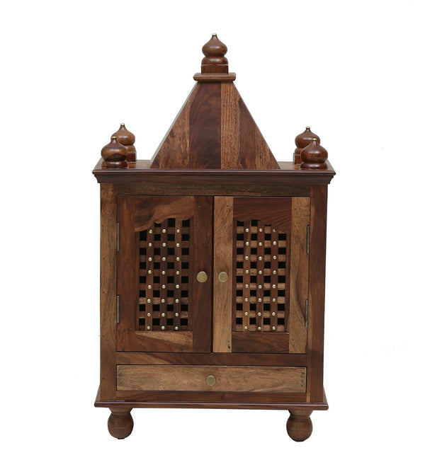 Siya Sheesham Wood Floor Rested Mandir With Door Rustic Teak