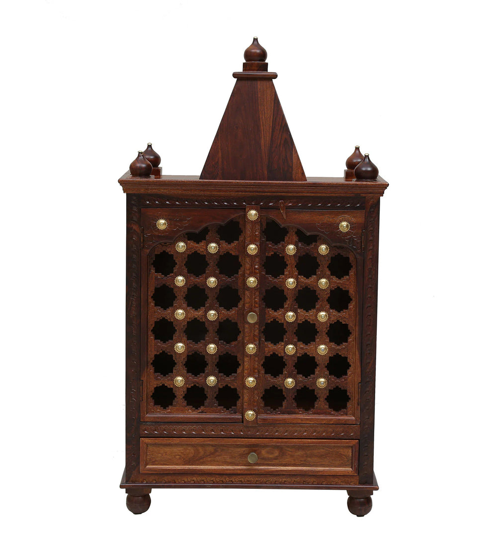 Tiana Sheesham Wood Floor Rested Mandir With Door in honey oak