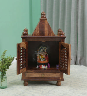 Siya Sheesham Wood Floor Rested Mandir With Door Rustic Teak