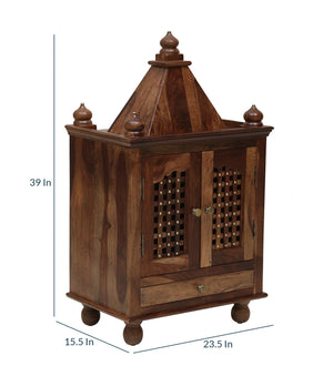 Siya Sheesham Wood Floor Rested Mandir With Door Rustic Teak