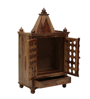 Tiana Sheesham Wood Floor Rested Mandir With Door in Rustic Teak