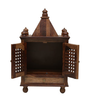Siya Sheesham Wood Floor Rested Mandir With Door Rustic Teak