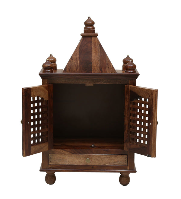 Siya Sheesham Wood Floor Rested Mandir With Door Rustic Teak