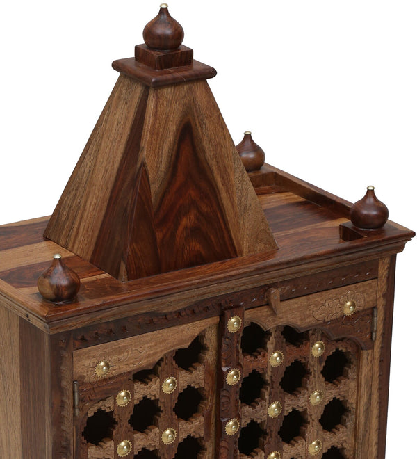Tiana Sheesham Wood Floor Rested Mandir With Door in Rustic Teak