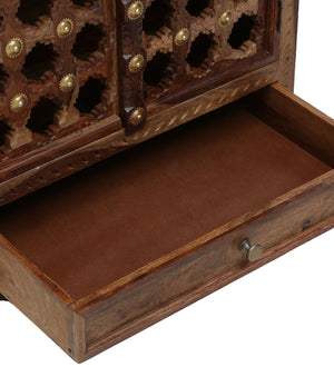 Tiana Sheesham Wood Floor Rested Mandir With Door in Rustic Teak