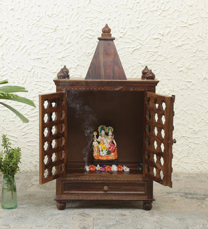 Tiana Sheesham Wood Floor Rested Mandir With Door in Provincial Teak