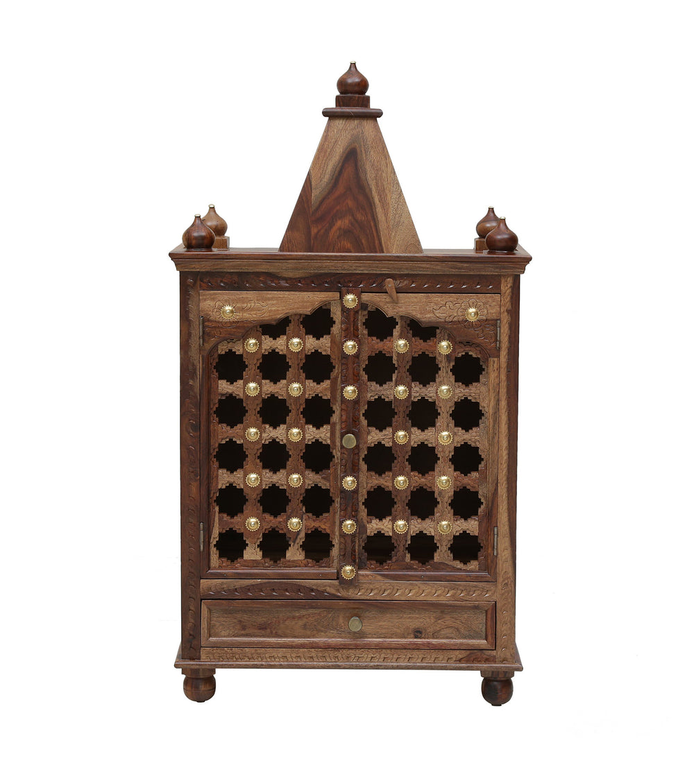 Tiana Sheesham Wood Floor Rested Mandir With Door in Rustic Teak