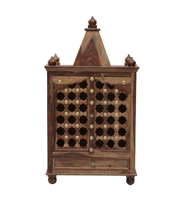 Tiana Sheesham Wood Floor Rested Mandir With Door in Rustic Teak