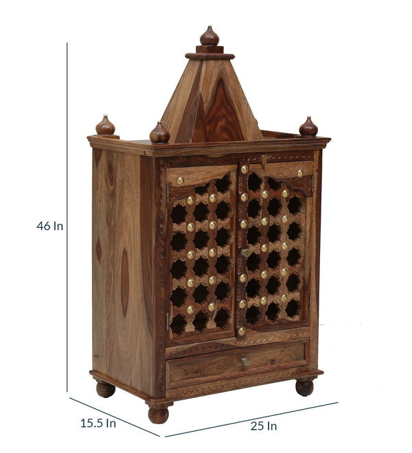 Tiana Sheesham Wood Floor Rested Mandir With Door in Rustic Teak