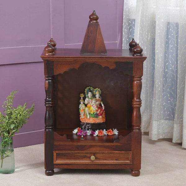 Siya Sheesham Wood Floor Rested Mandir Without Door in Honey Oak