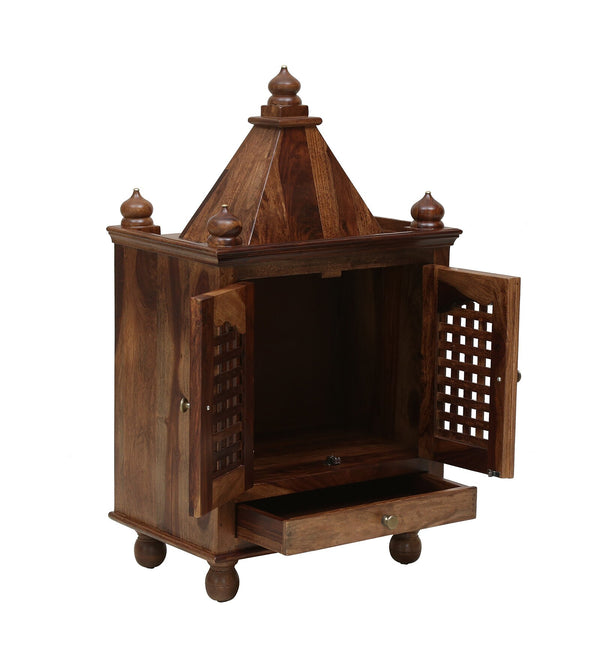 Siya Sheesham Wood Floor Rested Mandir With Door Rustic Teak
