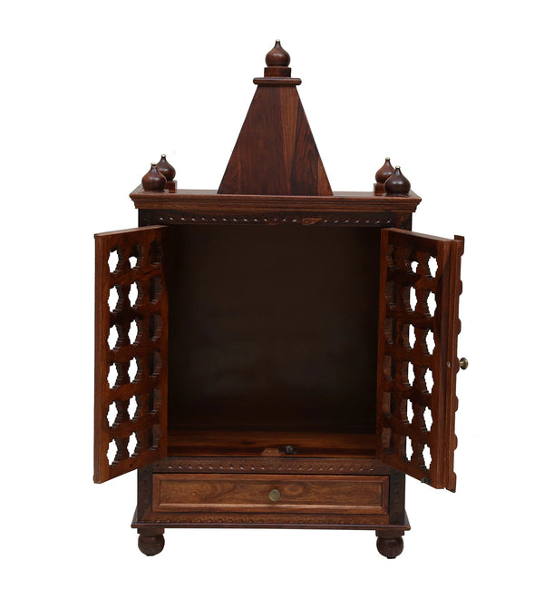 Tiana Sheesham Wood Floor Rested Mandir With Door in honey oak