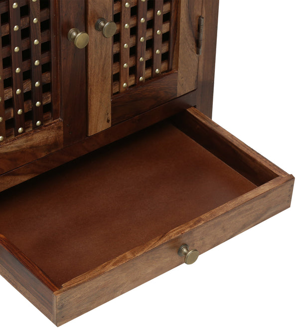 Siya Sheesham Wood Floor Rested Mandir With Door Rustic Teak