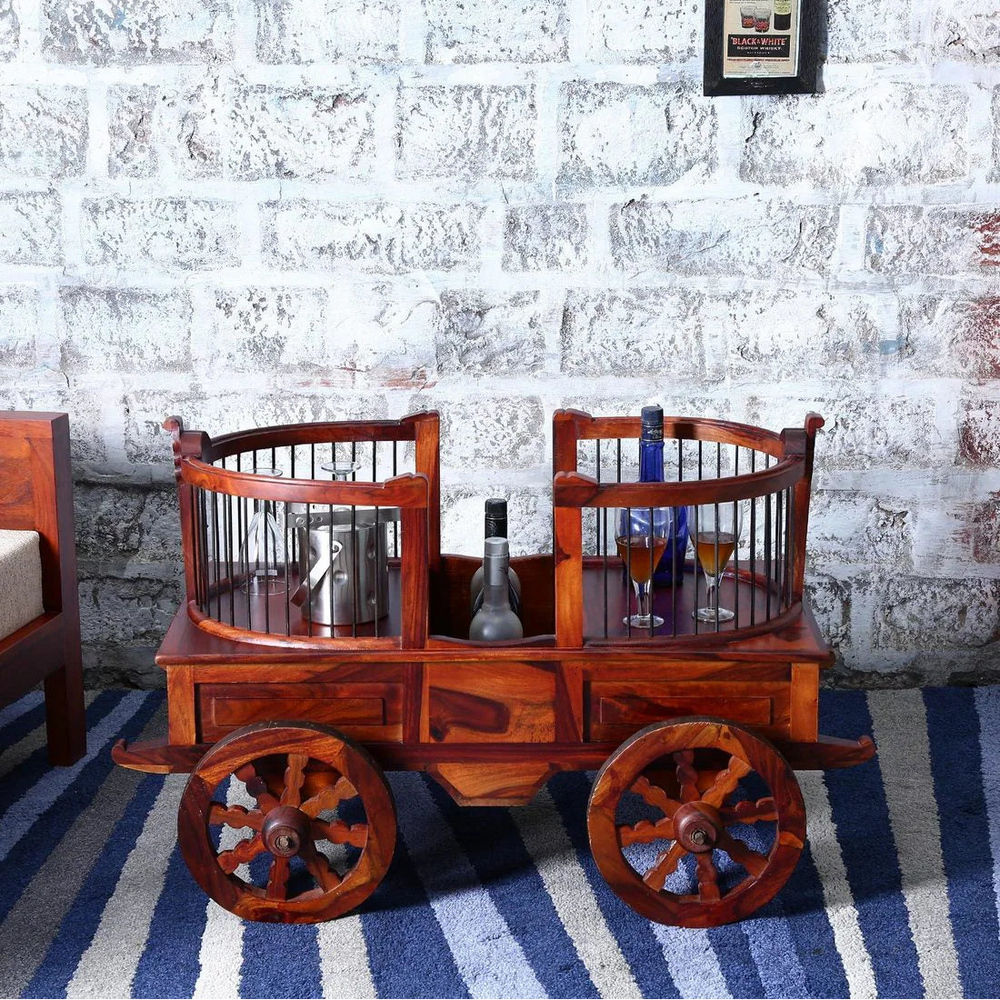Ciramika Sheesham Wood Bar Trolley in Honey Oak finish
