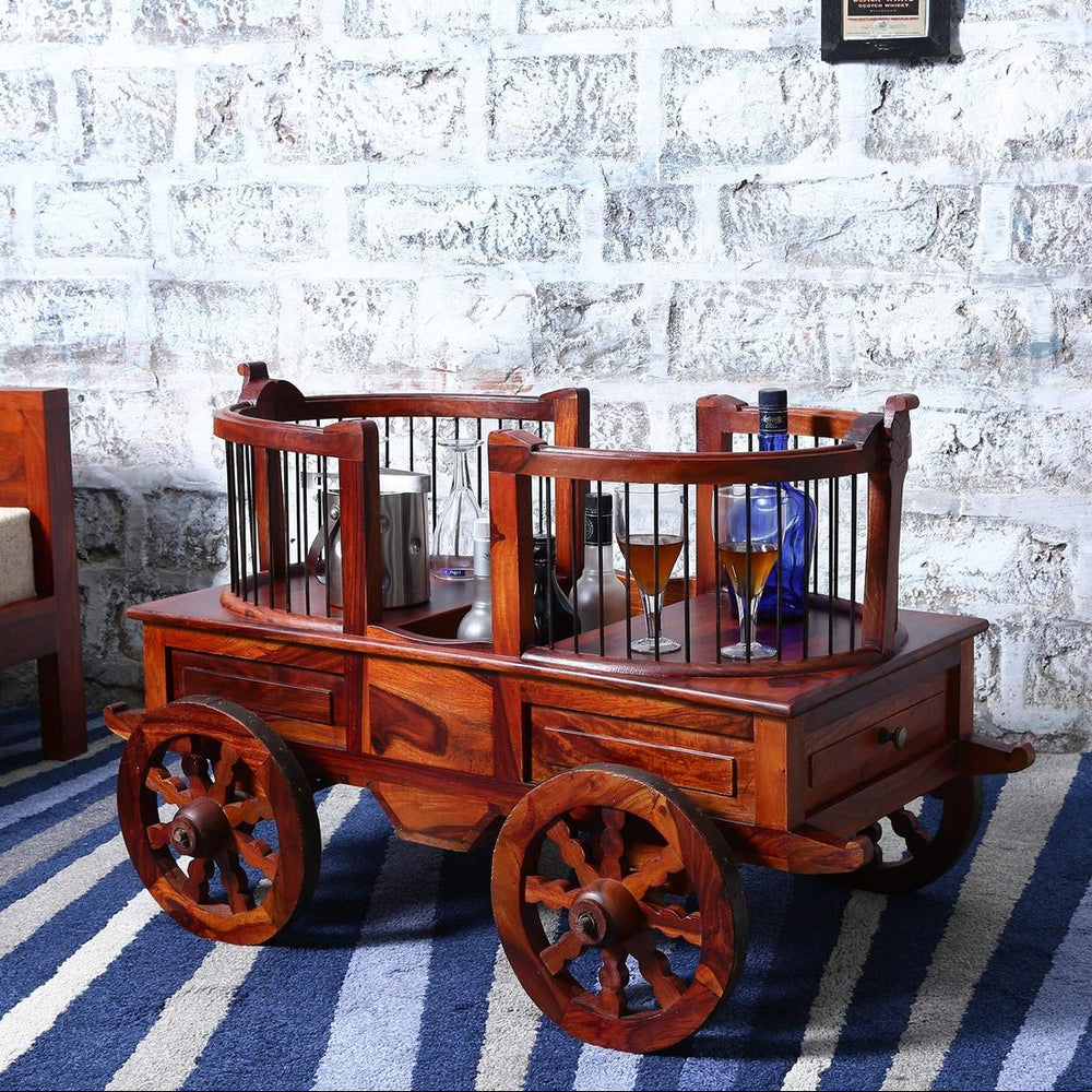 Ciramika Sheesham Wood Bar Trolley in Honey Oak finish