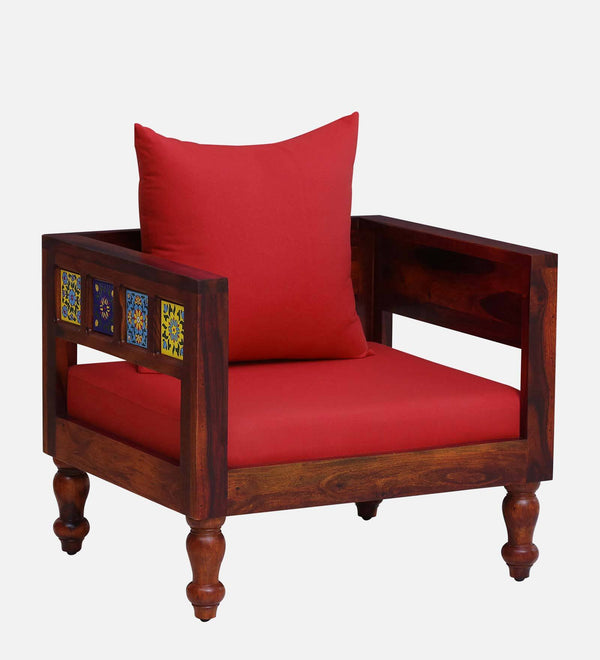 Ciramika Sheesham Wood 1 Seater Sofa In Honey Oak Finish with Red Cushioned Chair