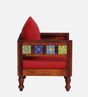 Ciramika Sheesham Wood 1 Seater Sofa In Honey Oak Finish with Red Cushioned Chair