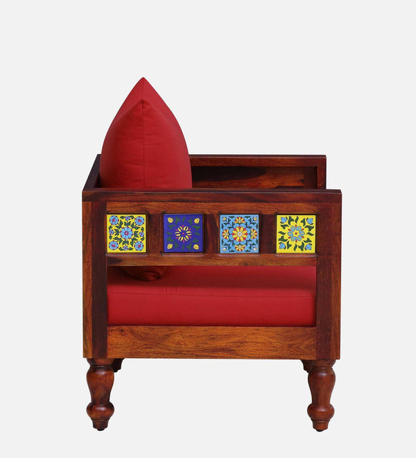 Ciramika Sheesham Wood 1 Seater Sofa In Honey Oak Finish with Red Cushioned Chair