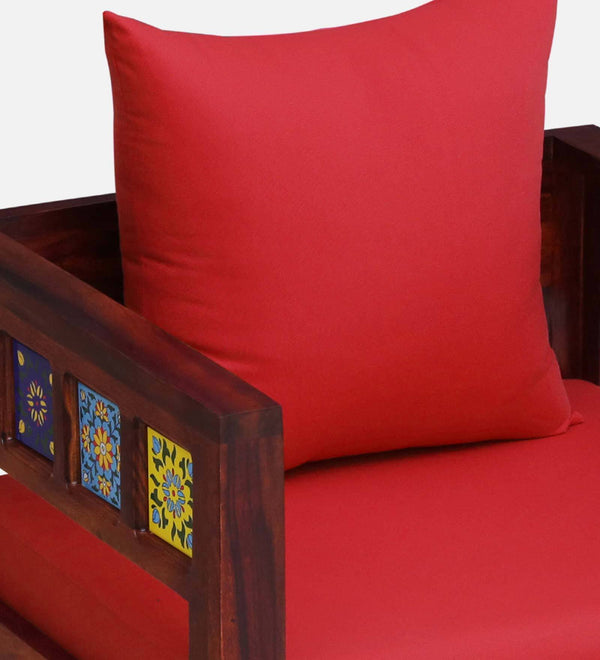 Ciramika Sheesham Wood 1 Seater Sofa In Honey Oak Finish with Red Cushioned Chair