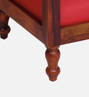 Ciramika Sheesham Wood 1 Seater Sofa In Honey Oak Finish with Red Cushioned Chair
