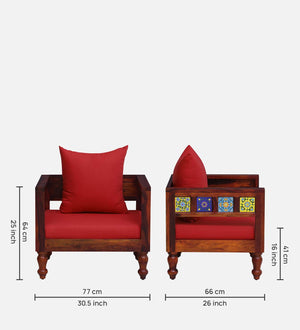 Ciramika Sheesham Wood 1 Seater Sofa In Honey Oak Finish with Red Cushioned Chair