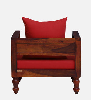 Ciramika Sheesham Wood 1 Seater Sofa In Honey Oak Finish with Red Cushioned Chair