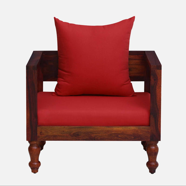 Ciramika Sheesham Wood 1 Seater Sofa In Honey Oak Finish with Red Cushioned Chair