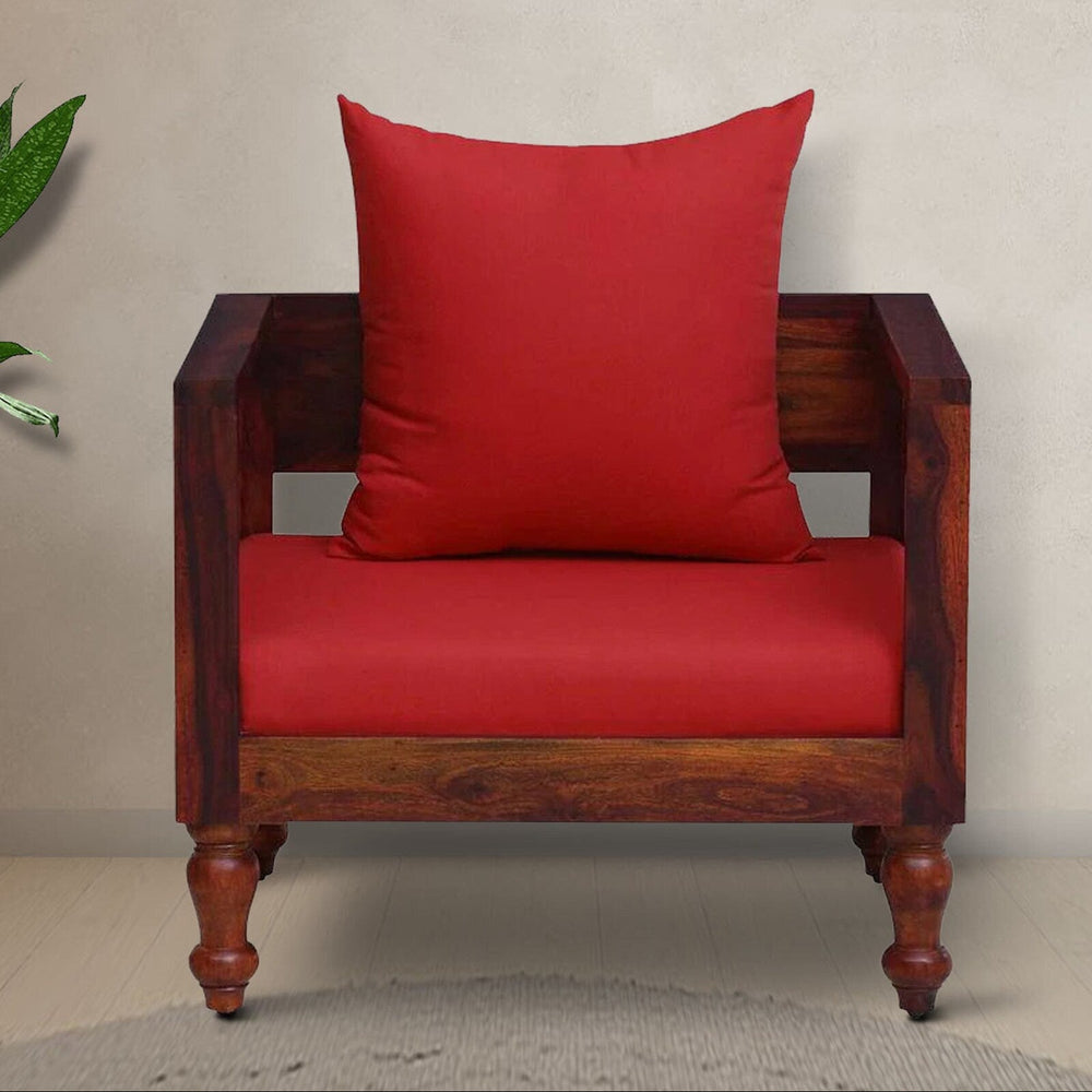 Ciramika Sheesham Wood 1 Seater Sofa In Honey Oak Finish with Red Cushioned Chair