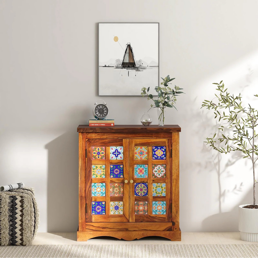 Ciramika Sheesham Wood Bar Cabinet In Honey Oak Finish