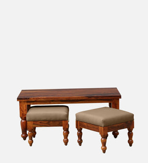 Ciramika Sheesham Wood Nesting Coffee Table Set in Honey Oak Finish With Cushioned Stools