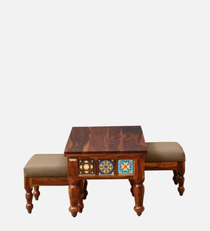 Ciramika Sheesham Wood Nesting Coffee Table Set in Honey Oak Finish With Cushioned Stools