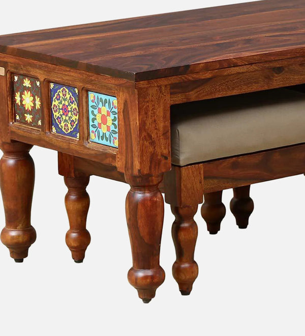 Ciramika Sheesham Wood Nesting Coffee Table Set in Honey Oak Finish With Cushioned Stools