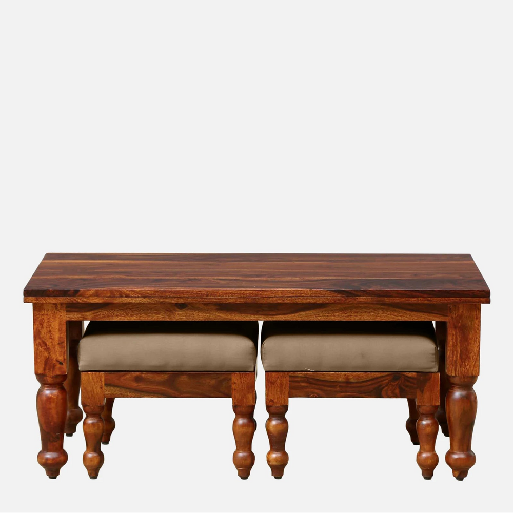 Ciramika Sheesham Wood Nesting Coffee Table Set in Honey Oak Finish With Cushioned Stools