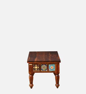 Ciramika Sheesham Wood Nesting Coffee Table Set in Honey Oak Finish With Cushioned Stools