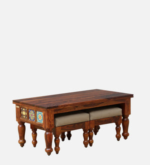 Ciramika Sheesham Wood Nesting Coffee Table Set in Honey Oak Finish With Cushioned Stools